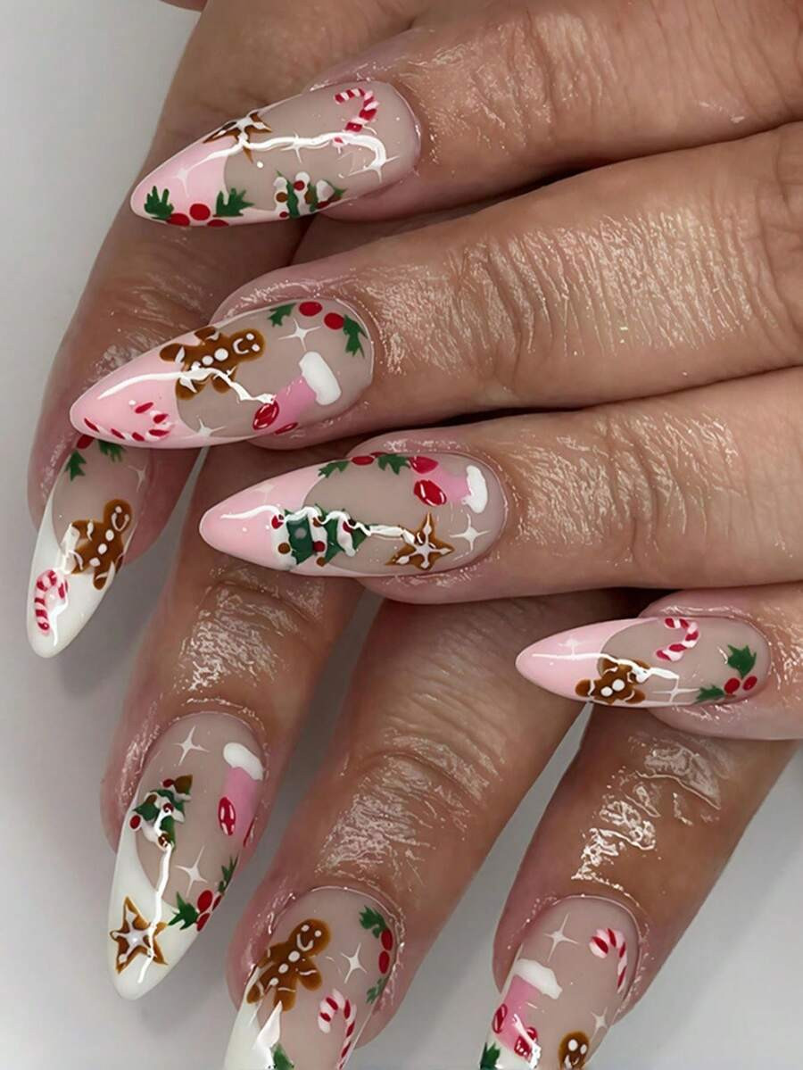 Christmas Nails, 24 Pieces Per Set Almond-Shaped Christmas Pink-White French Tips Adorable Ginger... | SHEIN