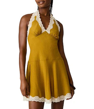 Steve Madden Liza Halter Neck Sleeveless Flared Hem Lace Trim Satin Jacquard Dot Mini Dress | Dil... | Dillard's