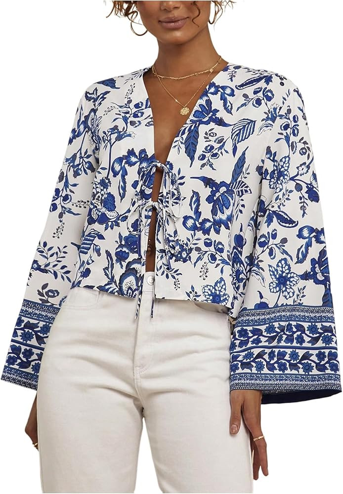 Floerns Women's Boho Floral Tie Front Blouse Bell Sleeve V Neck Elegant Shirt Top | Amazon (US)