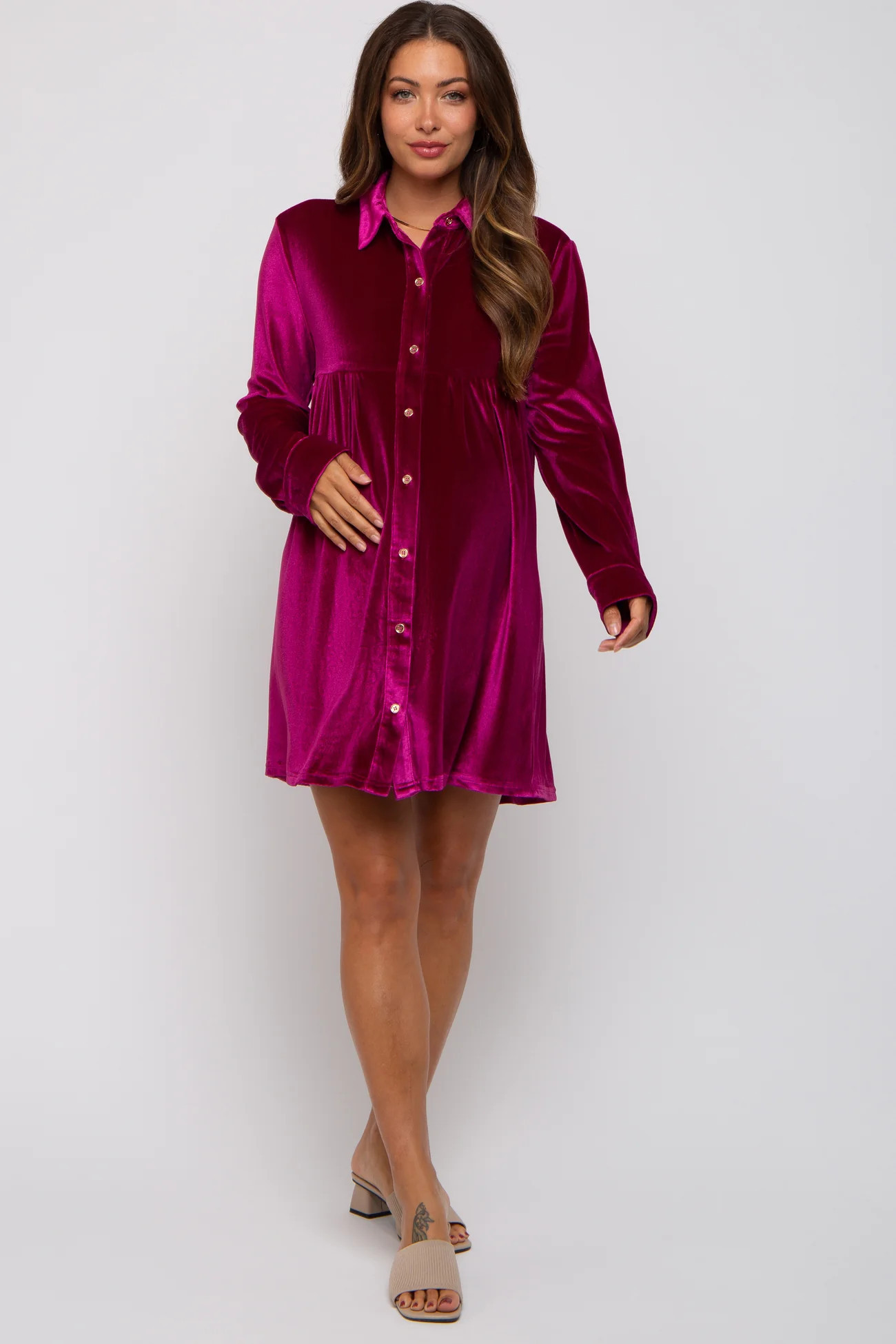 Magenta Velvet Button Down Maternity Dress | PinkBlush Maternity