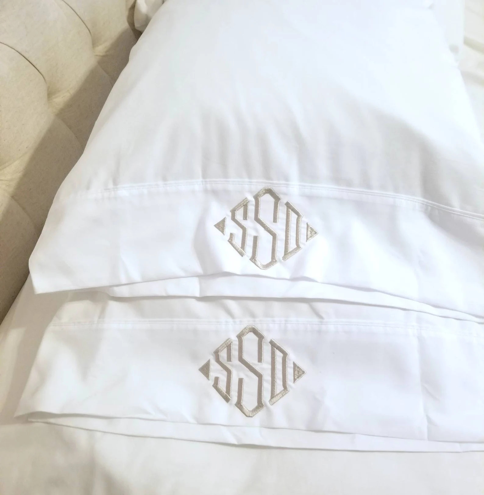 Embroidered Monogram Pillowcases: Personalized Diamond Design, Set of 2 | Etsy (Global)