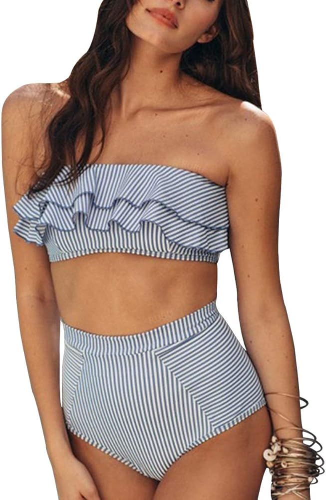 Dasivrry Womens High Waisted Bikini Sexy Stripe Two Pieces Swimsuits Strapless Ruffle Bathing Suits  | Amazon (US)