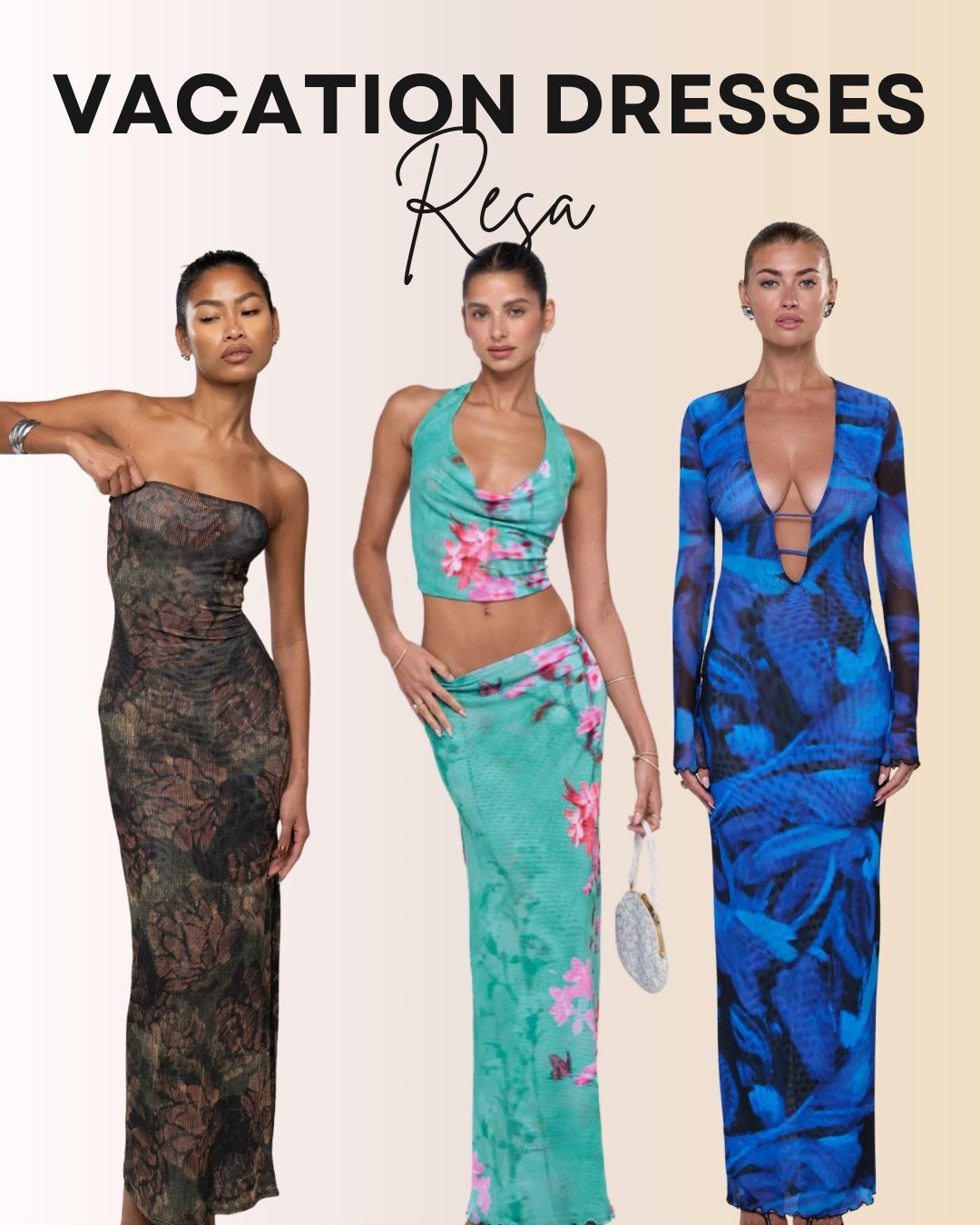 These Resa vacation dresses are perfect for tropical getaways and summer nights. From the earthy strapless floral maxi to the vibrant turquoise halter two-piece and the bold blue plunge maxi, each look is made for statement style and effortless resort wear. 🌺☀️ #VacationStyle #ResaDress #ResortWear #LTKTravel #SummerOutfits #LTKStyle #BeachVacation #LTKUnder100

#LTKSeasonal #LTKTravel #LTKParties