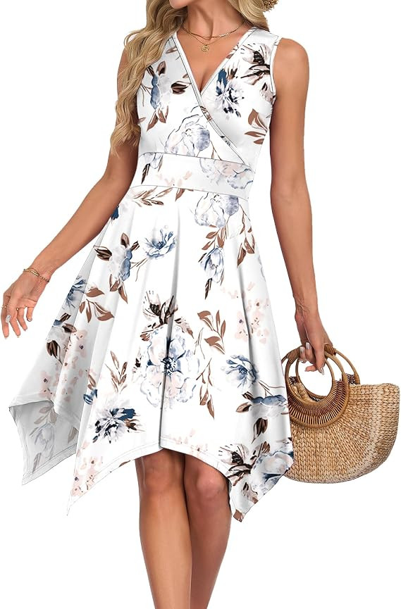 AUSELILY Summer Dresses for Women 2026 Casual Sleeveless V Neck Wrap Asymmetrical Sundress with P... | Amazon (US)
