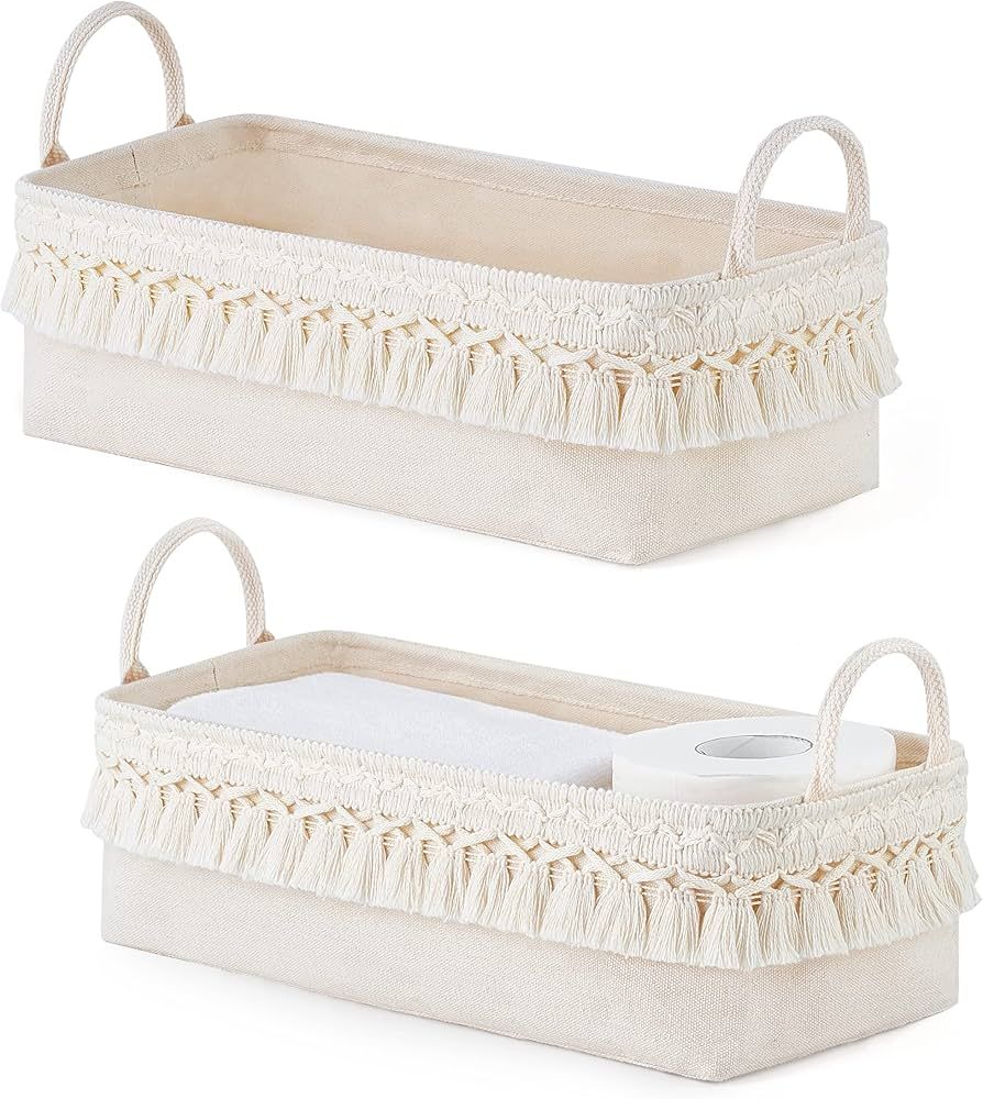 Mkono 2 Pack Storage Baskets for Bathroom Closet Shelf Boho Decor Small Storage Bins with Tassels... | Amazon (US)