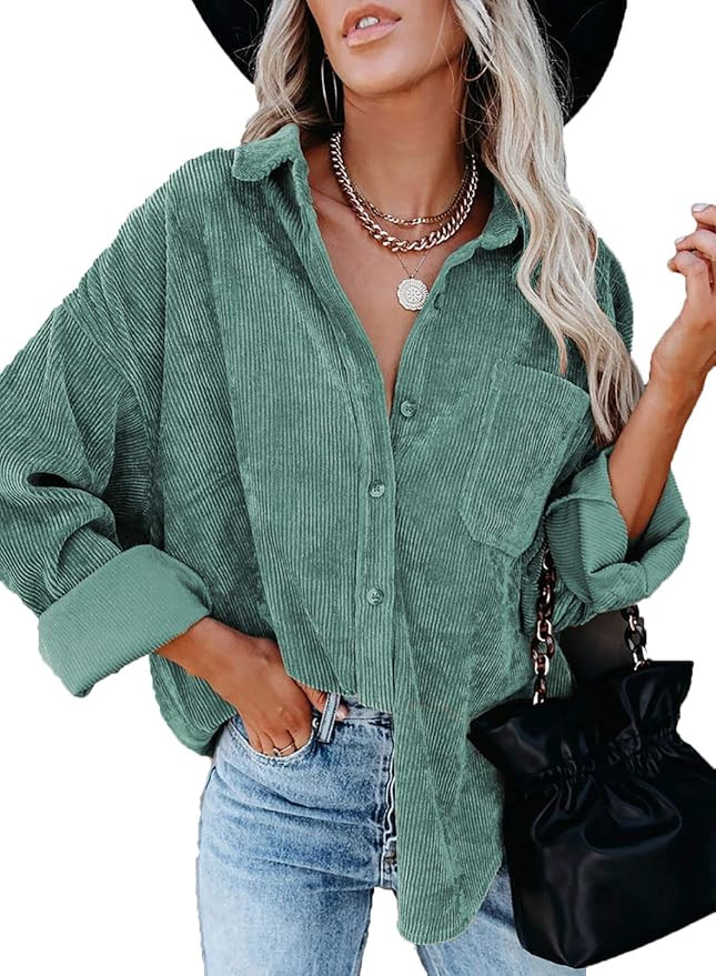 Sidefeel Women Corduroy Long Sleeve Button Down Shirt Oversized Jacket Tops | Amazon (US)