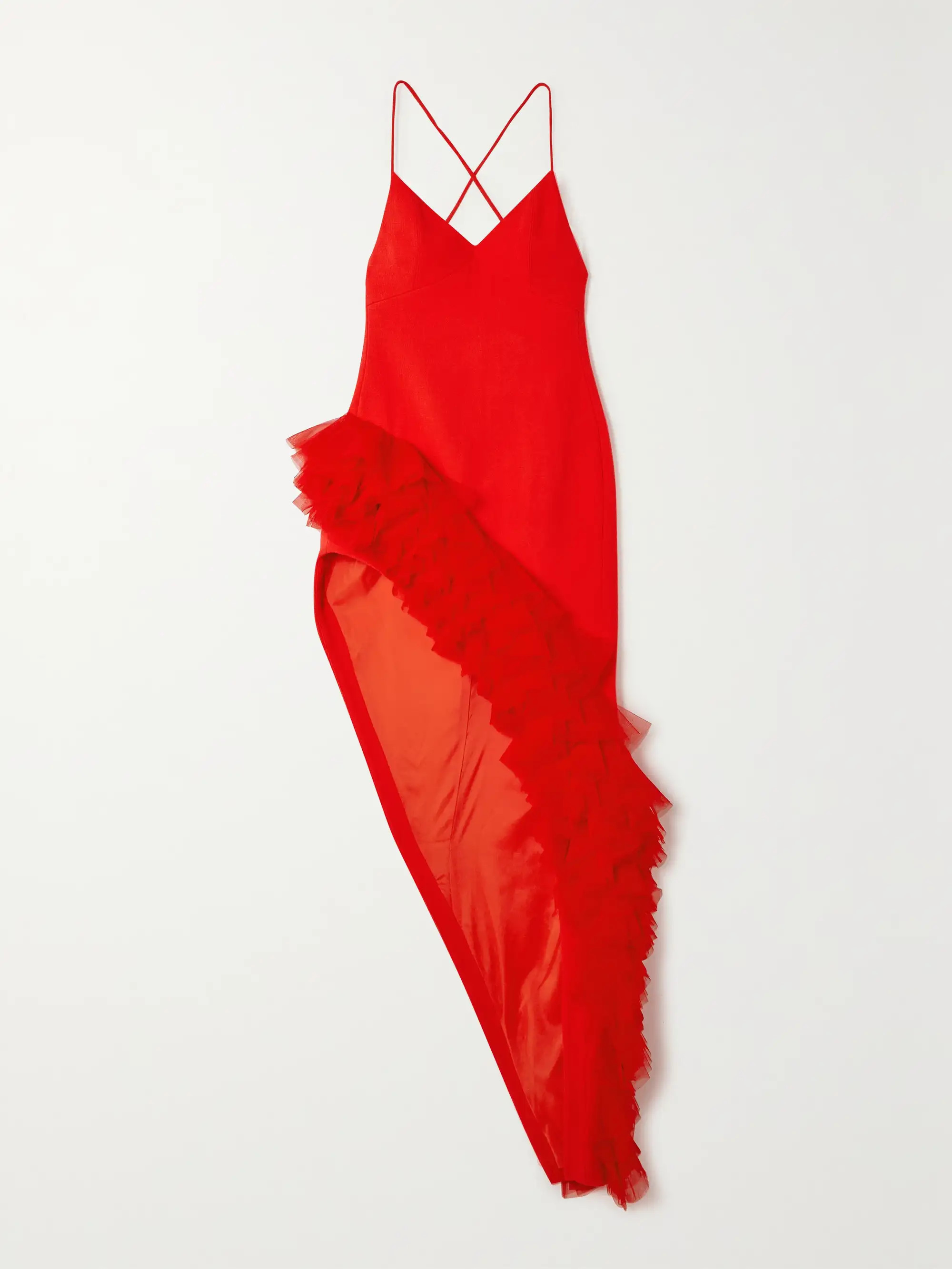 Asymmetric tulle-trimmed wool-crepe midi dress | NET-A-PORTER (US)