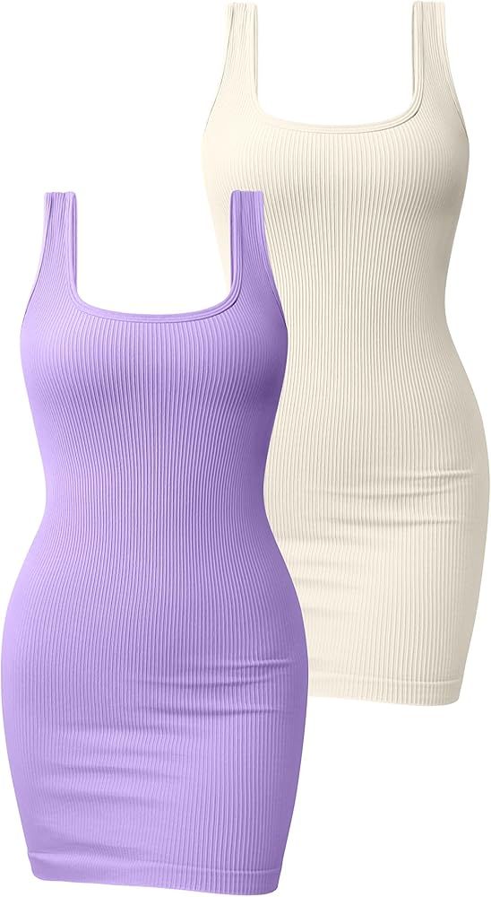 OQQ Women's 2 Piece Dresses Ribbed Sleeveless Square Neck Tank Tops Mini Dress | Amazon (US)