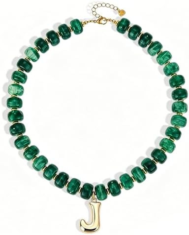 Initial Beaded Necklaces for Women, Boho Bead Gemstone Chunky Necklace with 14K Gold Plated Bubbl... | Amazon (US)