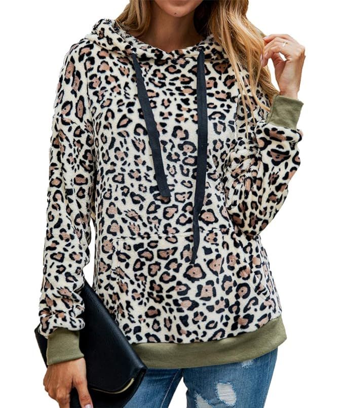 PRETTYGARDEN Women’s Long Sleeve Leopard Print Sweatshirt Fuzzy Sherpa Fleece Drawstring Hoodie... | Amazon (US)