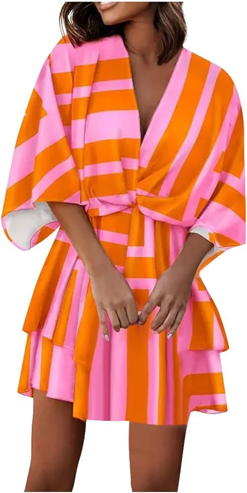 Women's Sport Dress V-Neck Loose Batwing Sleeve Elastic Waist Printed Dress Mini Plus Size Summer... | Amazon (US)