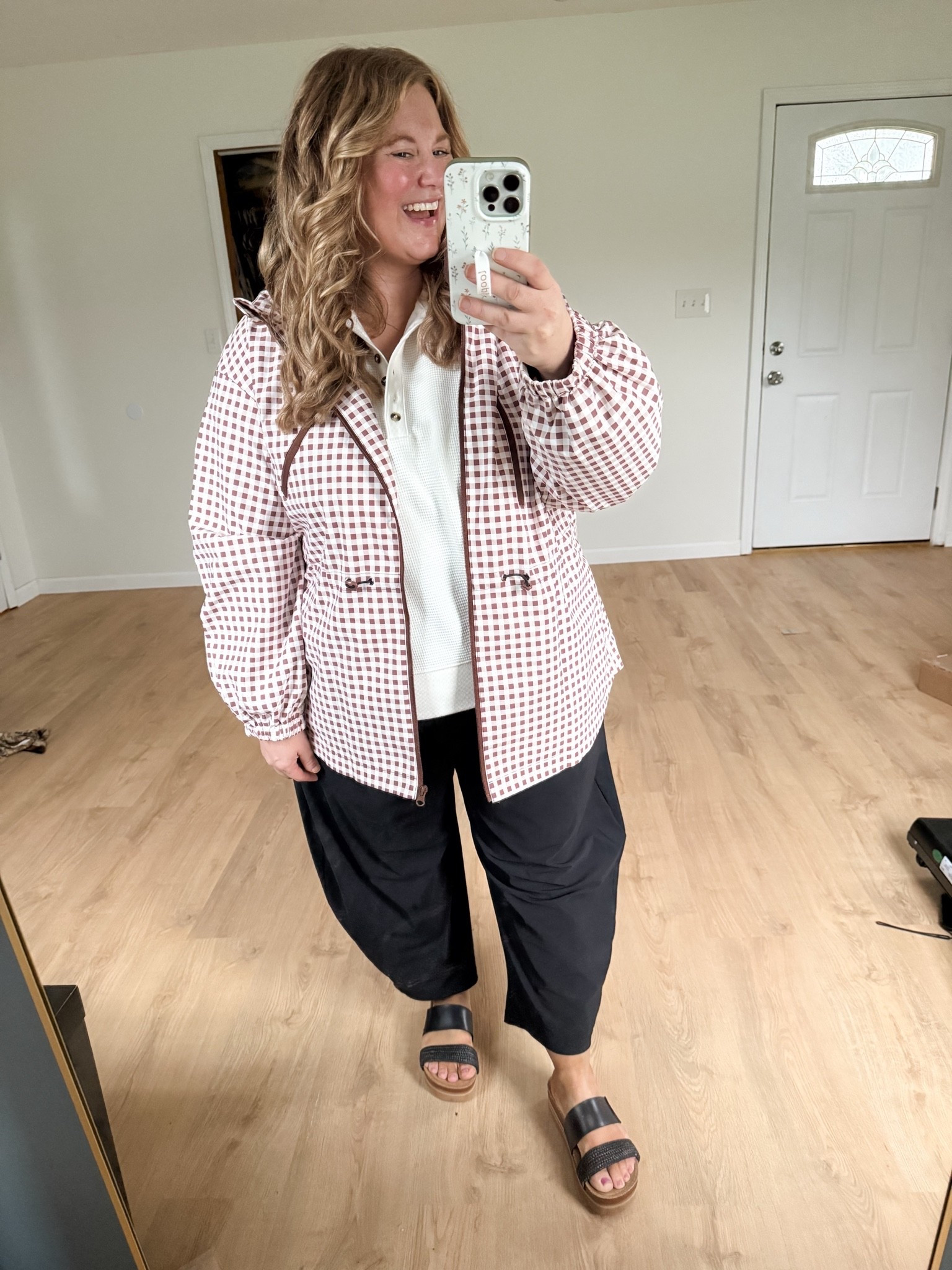 Wearing an XL petite in my pants - usually sold out so linking similar.  XL in my waffle knit top.  XXL in my gingham rain coat

#LTKMidsize #LTKPlusSize #LTKSeasonal