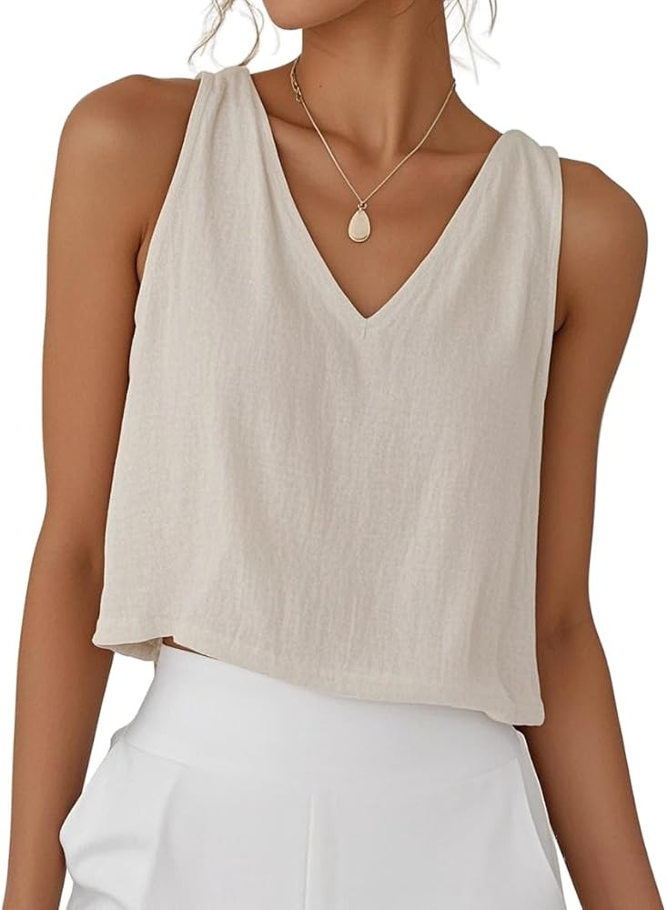 IDEALSANXUN Womens V Neck Cropped Cotton Linen Tank Tops Spring Summer Sleeveless Shirts | Amazon (US)