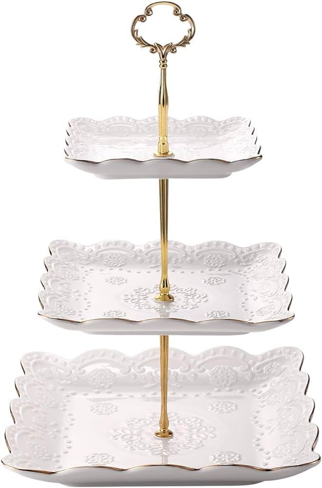 Sumerflos 3-Tier Square Porcelain Cake Stand, White Rimmed with Gold Embossed Cupcake Dessert Sta... | Amazon (US)