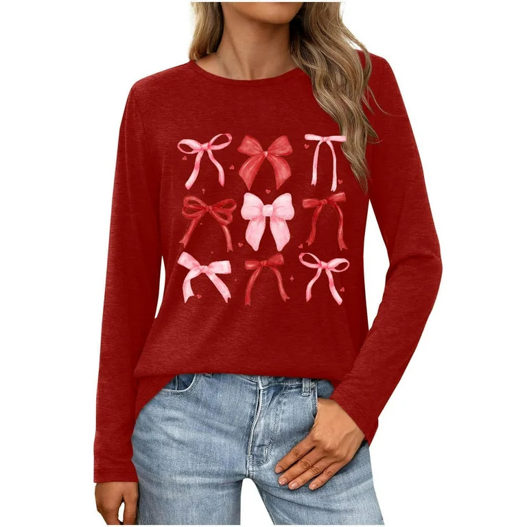 Erwazi Womens Long Sleeve Crew Neck Valentine T Shirts Love Bow Printed Casual Cute Tee Tops | Walmart (US)