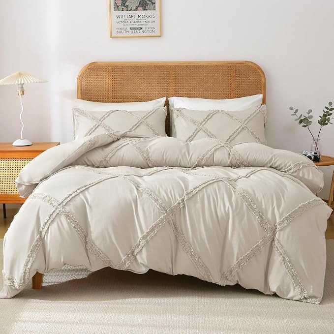 MILDLY Boho Duvet Cover Beige - Tufted Comforter Cover Set Geometric Textured Jacquard Queen Size... | Amazon (US)
