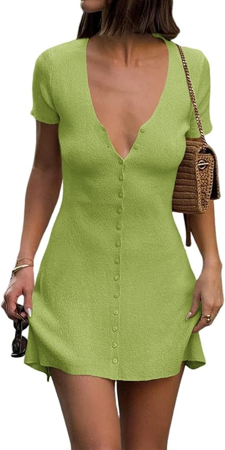 Saodimallsu Womens Short Sleeve Mini Dress V Neck Button Up Cardigan Sweater Summer Ribbed Knit F... | Amazon (US)