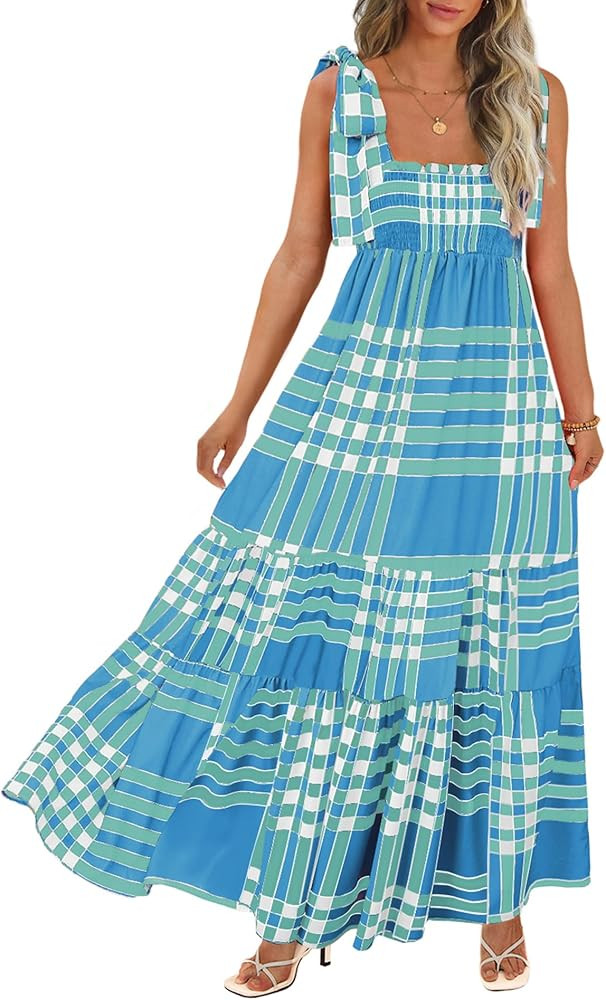 Women's Summer Maxi Dress Boho Spaghetti Straps Casual Long A-line Smocked Beach Dress Square Nec... | Amazon (US)