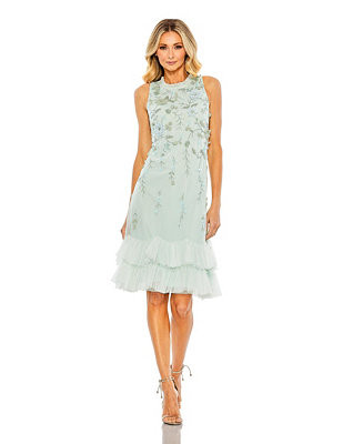 Women's Embellished Ruffle Tiered High Neck Floral Dress | Macy's