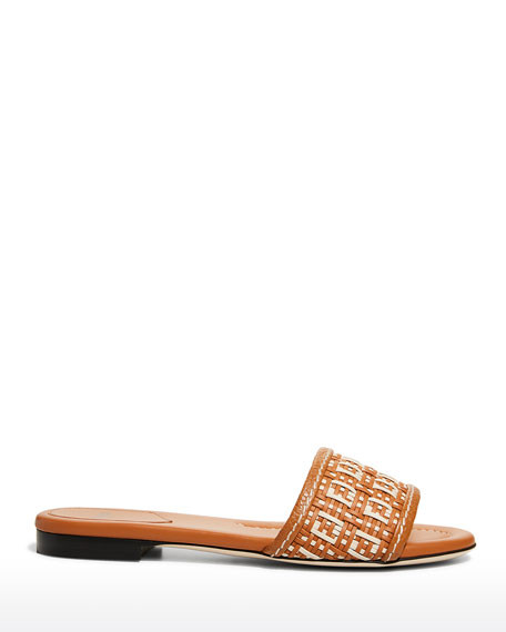 Fendi Woven Calfskin Monogram Slide Sandals | Neiman Marcus