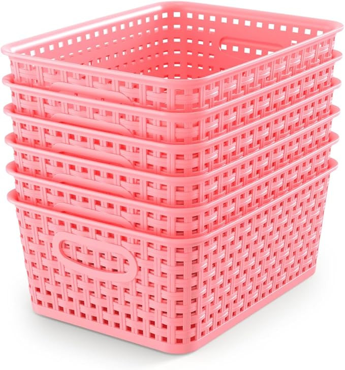 WYT 6-Pack Plastic Small Shelf Storage Weave Baskets Organizing for Cabinets and Pantries, Pink | Amazon (US)