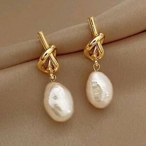 Baroque Pearl Earrings, Titanium Stud Earrings, Knot Pearl Drop Earrings, Gold Knot Earrings, Gif... | Etsy (US)