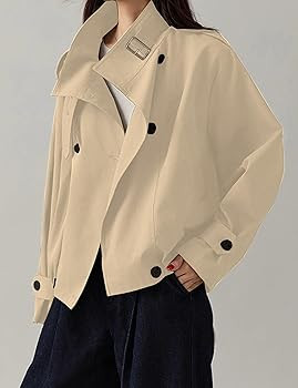 Megfie Jackets for Women Trendy Vintage Trench Coat Turtleneck Crop Jackets with Pockets | Amazon (US)
