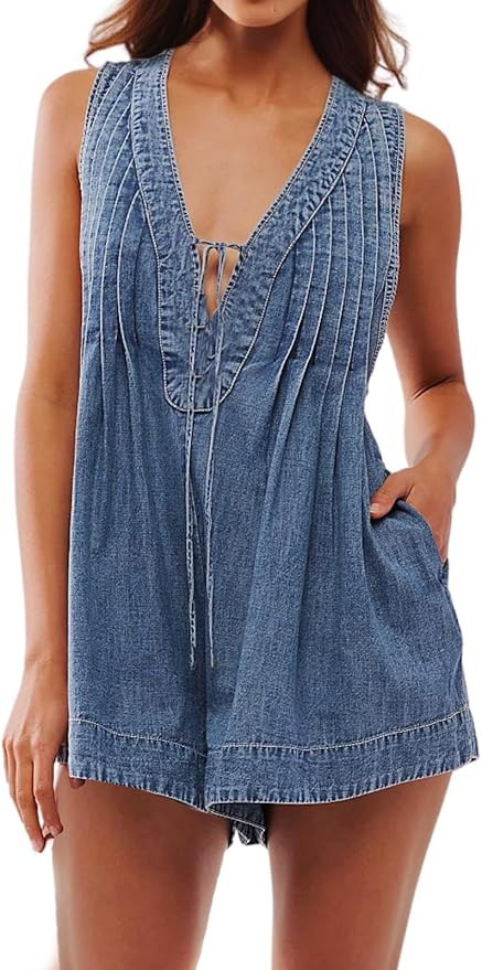 AnotherChill Women's Denim Romper Sleeveless Casual Rompers V-Neck Tie Front Jean Summer Overall ... | Amazon (US)