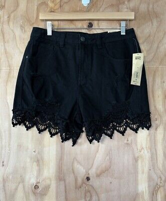 MADDEN NYC High Rise Black Crochet Detail Denim Shorts Juniors Size 15 | eBay US