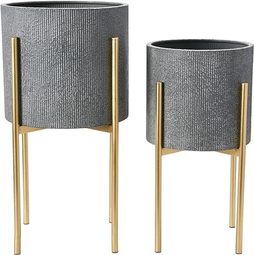 Main + Mesa Modern Boho Embossed Metal Planters with Stands, Charcoal Grey and Gold, Set of 2 Siz... | Amazon (US)