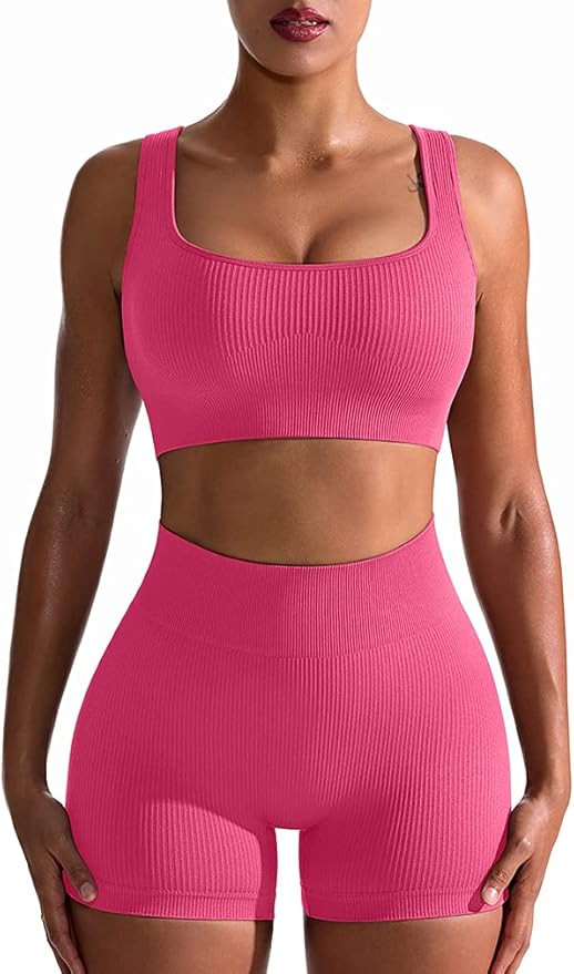 OQQ Workout Outfits for Women 2 Piece Seamless Ribbed High Waist Leggings with Sports Bra Exercis... | Amazon (US)