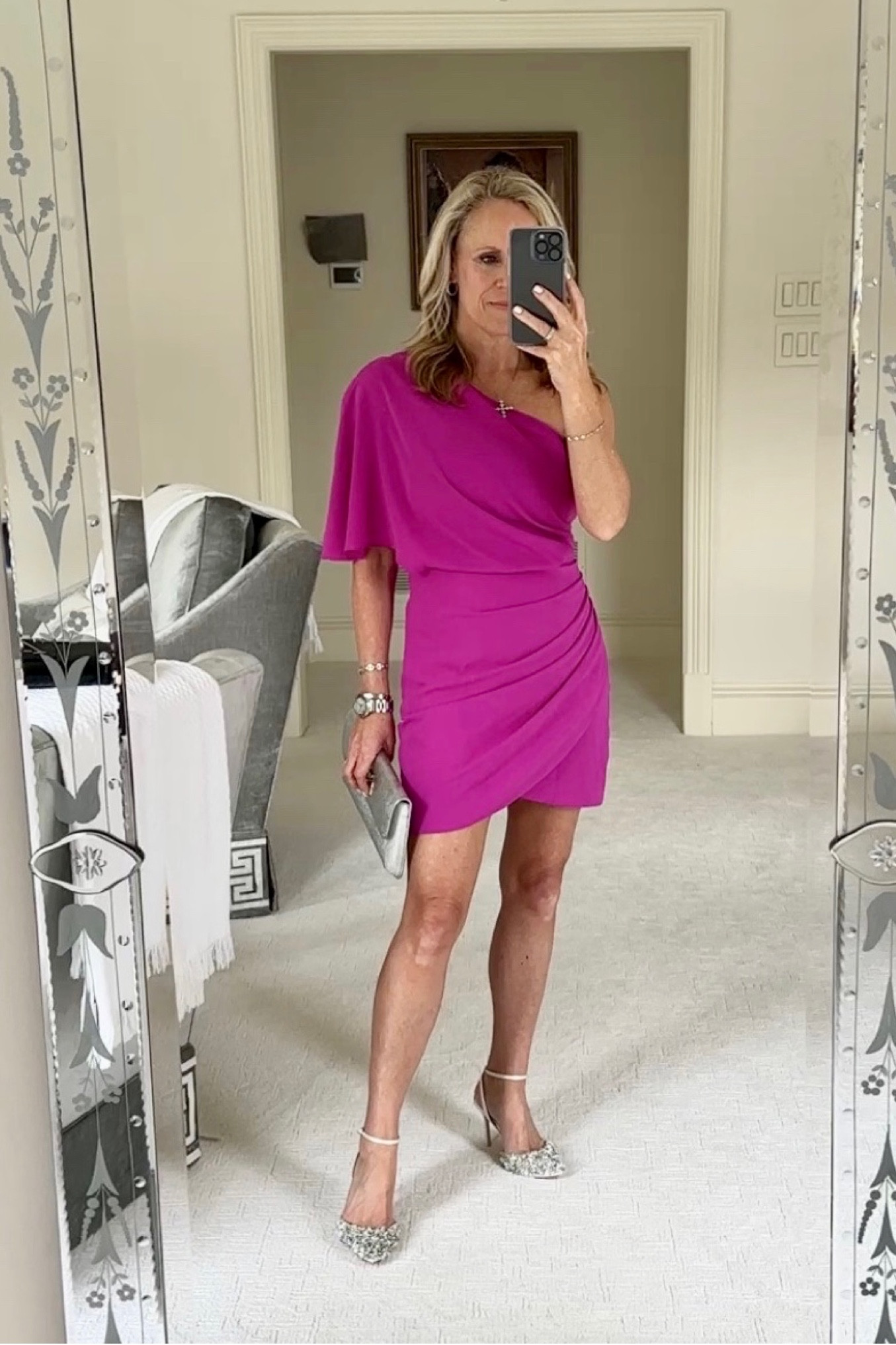 NYE dress 
Orchid one shoulder mini dress
Hot pink one shoulder mini dress
Silver Sequin shoes 
Silver clutch 

#LTKstyletip #LTKHoliday #LTKSeasonal