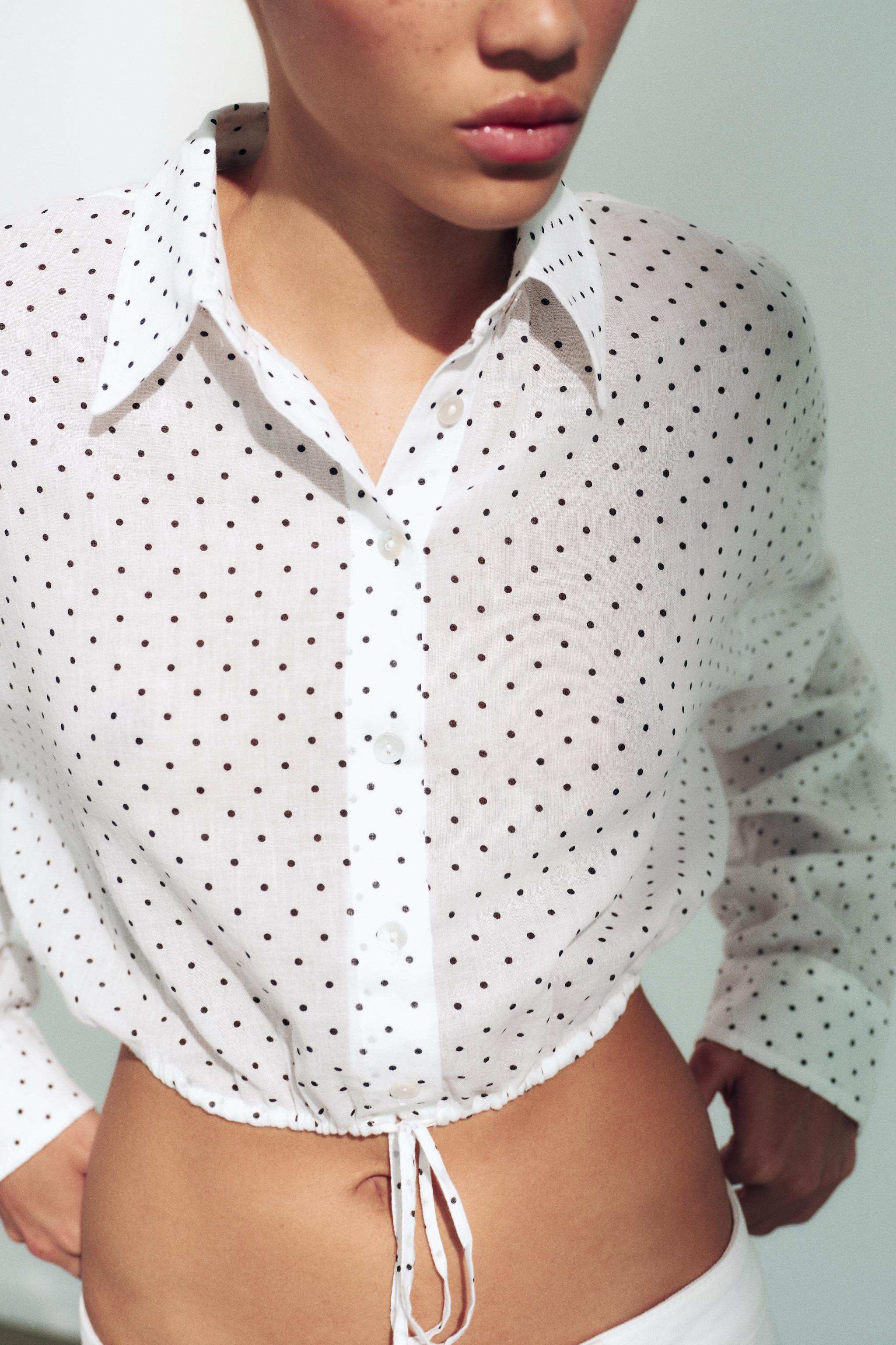 CROPPED DOTTED CHIFFON SHIRT WITH ADJUSTABLE DRAWSTRING | Zara UK