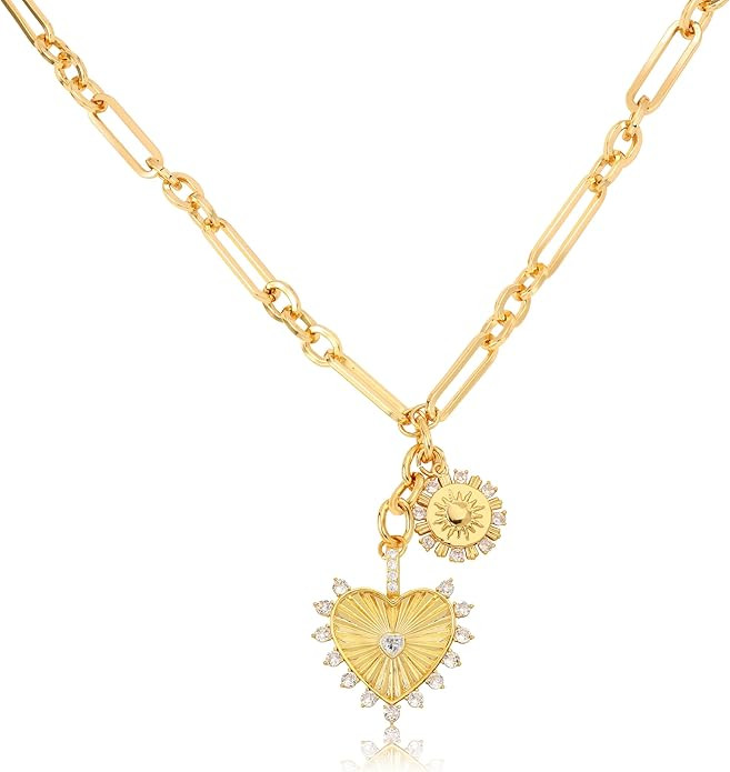 Chunky Gold Heart Necklaces for Women 18K Gold Plated Charm Necklace Sun Pendant Chain Jewelry. | Amazon (US)