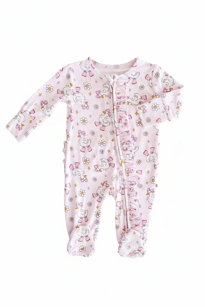 Silly Goose Ruffle Zipper Footie | Pink | Caden Lane