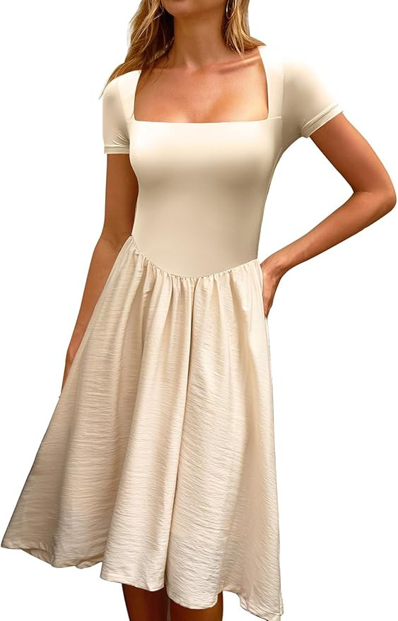 CHYRII Women Fashion Summer 2025 Square Neck Short Sleeve A-Line Midi Dress Long Sundress | Amazon (US)