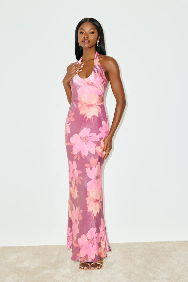 Lashay Purple and Pink Floral Satin Halter Mermaid Maxi Dress | Lulus
