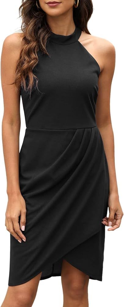 Manydress Womens Summer Halter Neck Ruched Dresses Cocktail Bodycon Slim Mini Wrap Dress MY106 | Amazon (US)