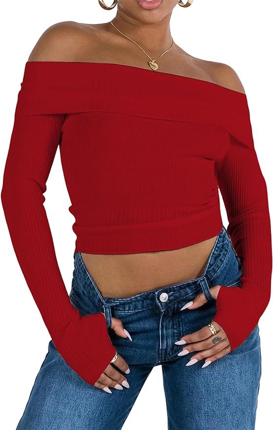PICPUNMAK Women Basic Fitted Long Sleeve Off Shoulder Crop Tee Top with Thumb Hole Rib Knit Sweat... | Amazon (US)