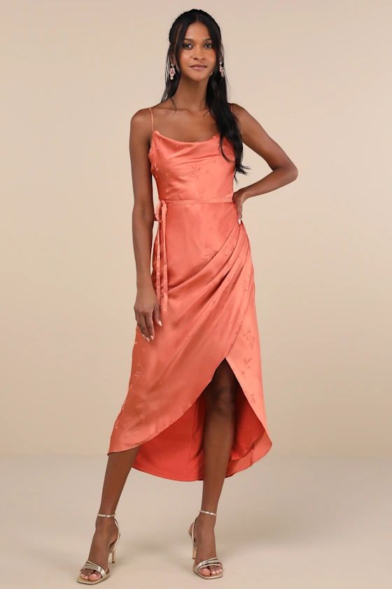 Sophisticated Sight Peach Satin Jacquard Cowl Midi Dress | Lulus