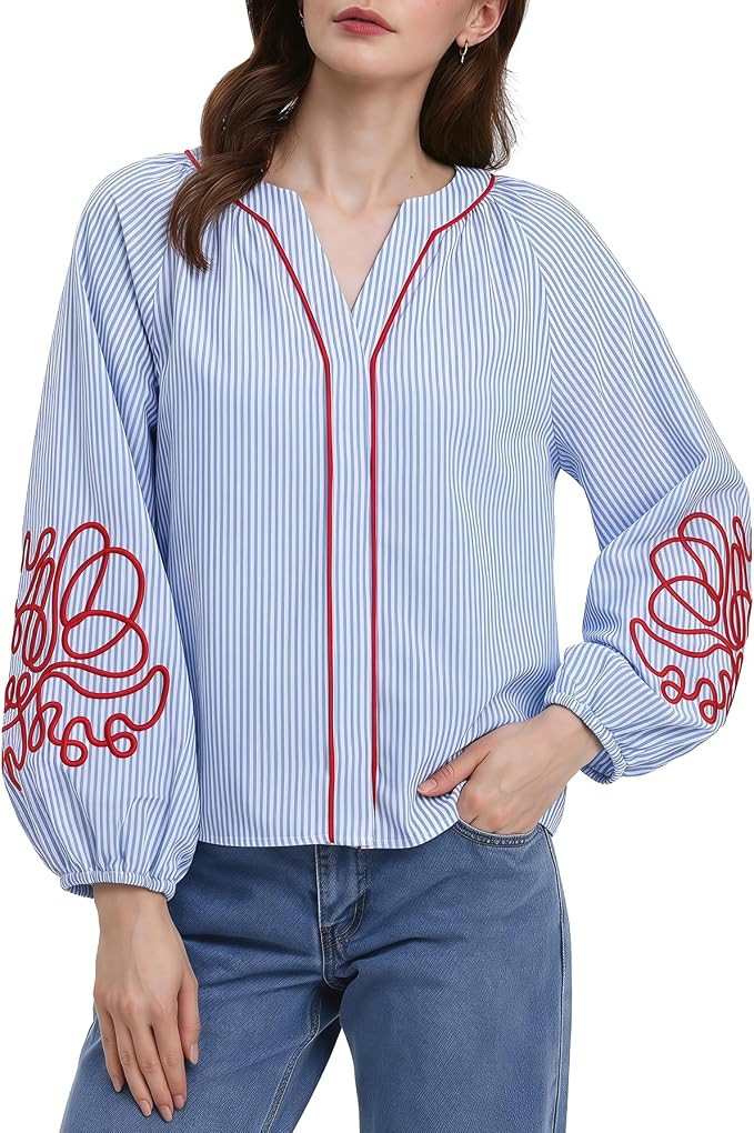 Kedera Women's Casual Floral Embroidered V Neck Blouses Boho Long Balloon Sleeve Mexican Shirts L... | Amazon (US)