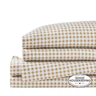 Home Decorators Collection Cozy Cotton Flannel Beige Gingham Check 4-Piece Queen Sheet Set GING-0... | The Home Depot