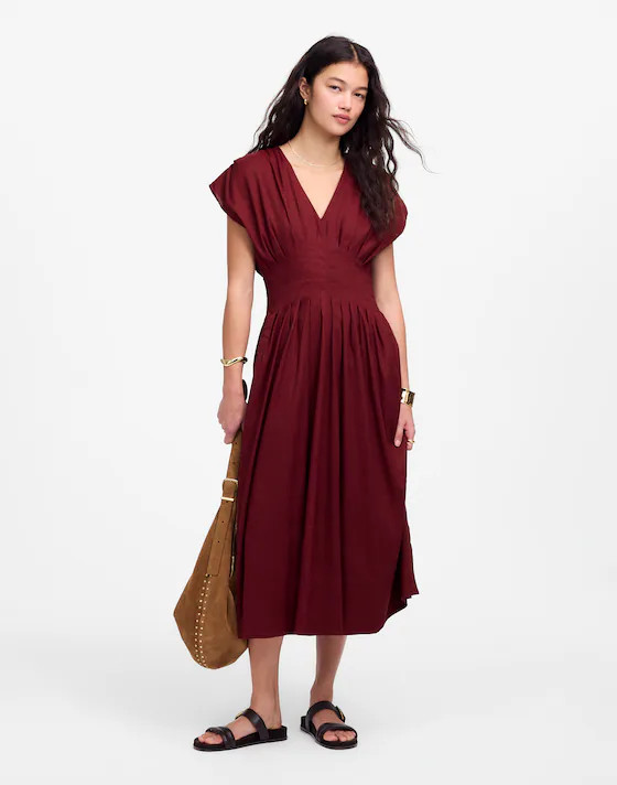 Pleated V-Neck Midi Dress | Madewell | Madewell