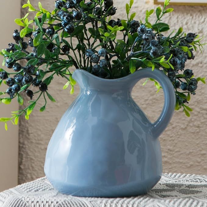 Kimdio Blue Ceramic Vase with Handle, Modern Pitcher Vase for Home Decor, Nordic Pottery Vase, De... | Amazon (US)