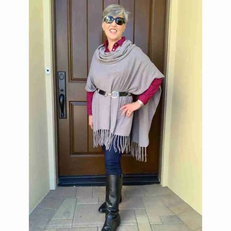 Share this if ponchos, wraps, and shawls are “your look”. Or, if you want to make them your look, save this post to see how many of these items are in your closet and can be put together similarly to these ideas 💡!
1. The black watch plaid wrap/ poncho is secured with a black belt and is styled over black velvet jeans, black riding boots, and a black turtleneck.
2. The grey poncho is over a pink print shirt with skinny jeans and boots. 
3. The third look is a grey and white plaid wrap over straight jeans with brown accessories. 
- [ ] The fourth look is a burgundy wrap over black leggings, a black striped tee, black booties, and a black bag.  I wrapped a black and grey leopard 🐆 scarf at my neck.      
#winterstyles #styleblogger #styleblogger #styletips #grwm #styleagram #getreadywithme 

#winterfashion #winterstyles #styleblogger #styleblogger #styletips #grwm #styleagram #getreadywithme #valentinesoutfit #talbotsofficial #jjillstyle #nordstrom #macysstylecrew #jcrewfactory 
#styleaddict
#outfitstyle #outfitshare
#outfitshot #stylefashion #stylebook #stylebible #styleagram

#LTKSeasonal #LTKfindsunder50 #LTKover40
