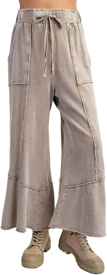 Easel Chill Vibes Mineral Washed Terry Knit Wide Leg Pants | Amazon (US)