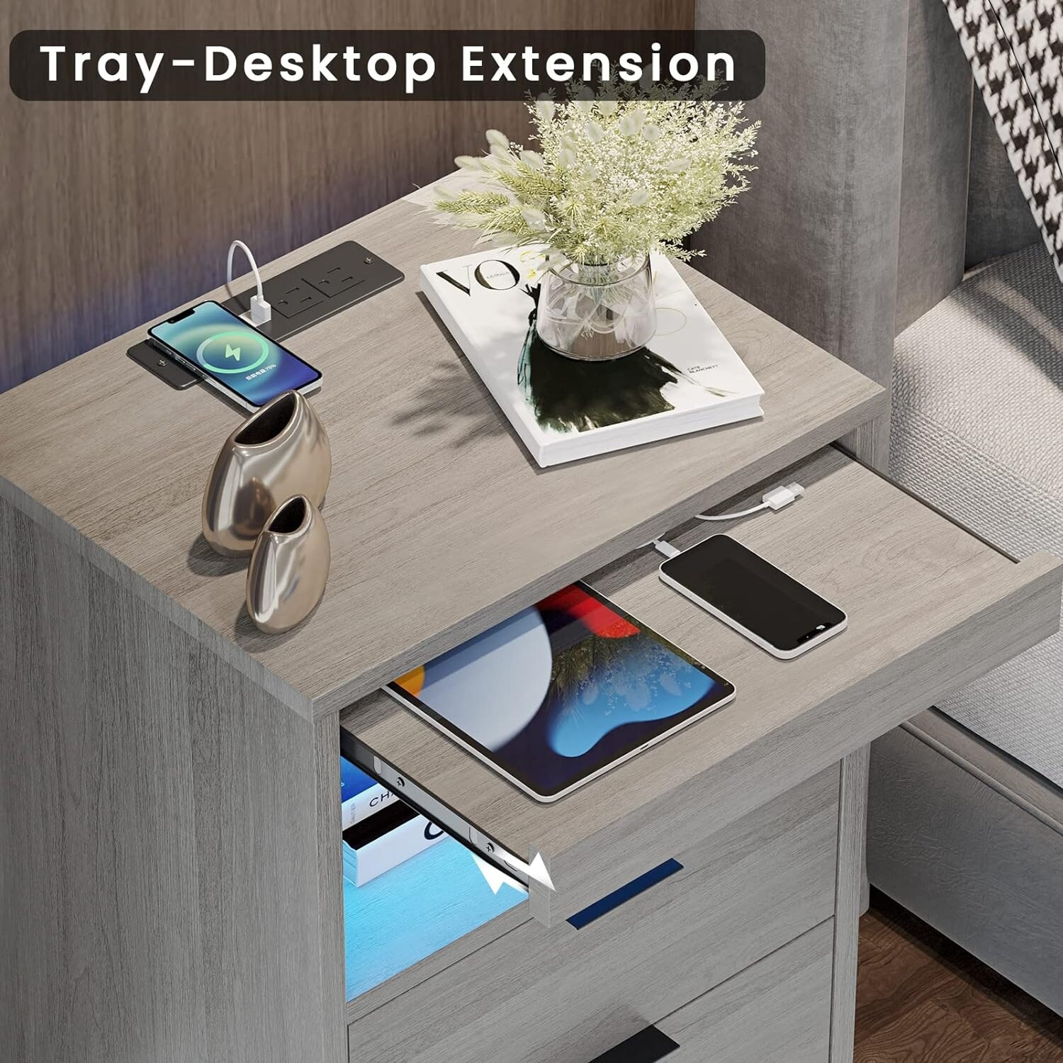 2 Drawers LED Nightstand Wireless Charging Station Pull-Out Shelf | Bed Bath & Beyond