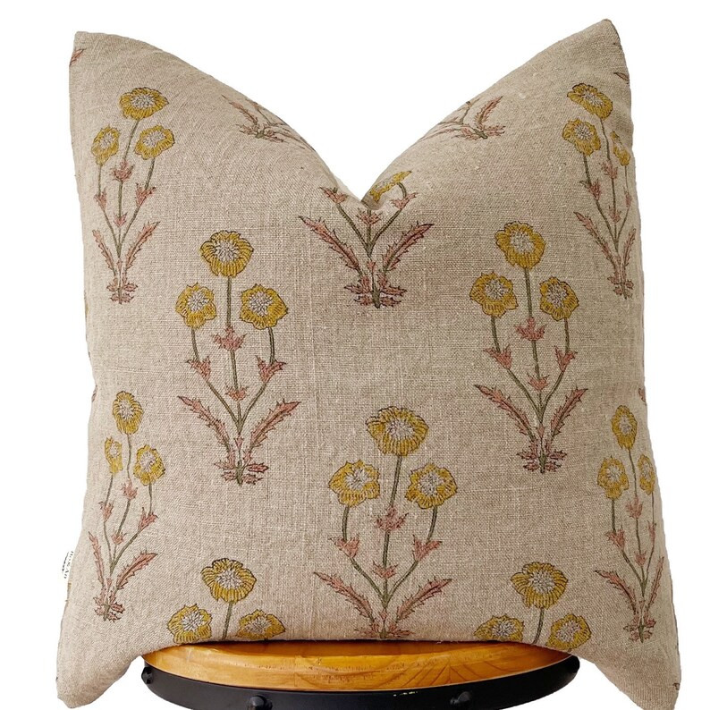 Hand block print pillow cover, yellow/pink and natural floral pillow cover ,Natural linen floral ... | Etsy (US)