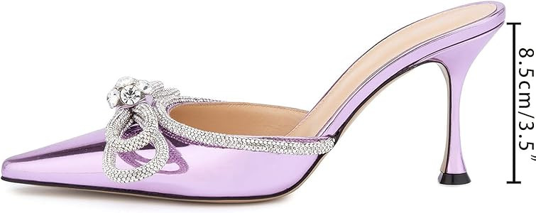 JiaBinji Women High Heeled Mules Crystal Rhinestones Sparkly Double Bow Sandals Iridescent Pointe... | Amazon (US)