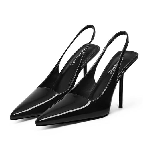 MUCCCUTE Women's Slingback Heels Closed Pointed Toe Stiletto High Heel Stretch Strap Patent Leather Slip On Pumps Shoes Black | Amazon (US)